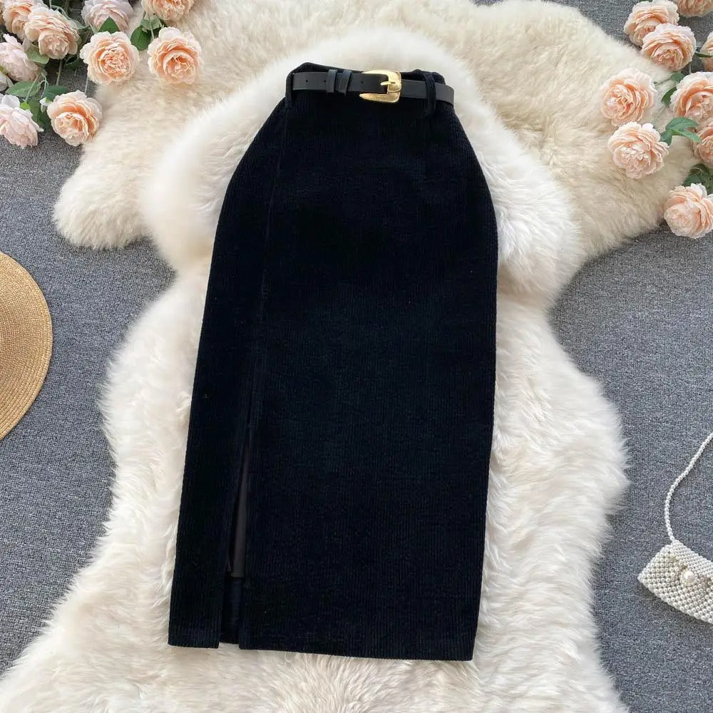 Hoge Taille Corduroy Rok Zwart met Zijsplit