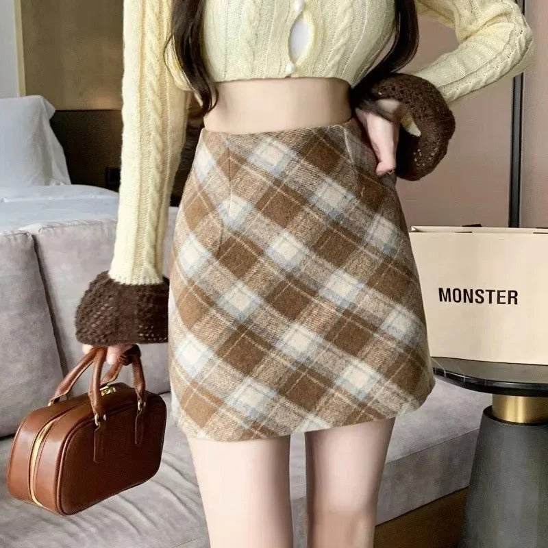 Korte Geruite Rok Wollen Minirok Retro Stijl - StudioMarella