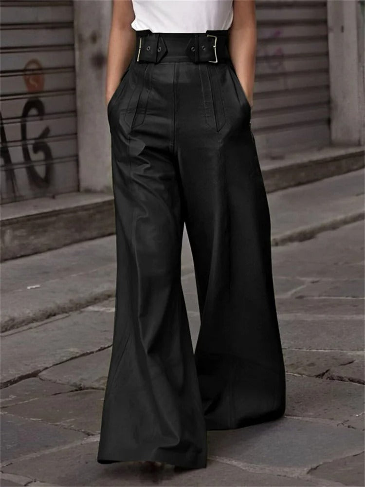 Leren Broek Wijd Model Hoge Taille Geplooid