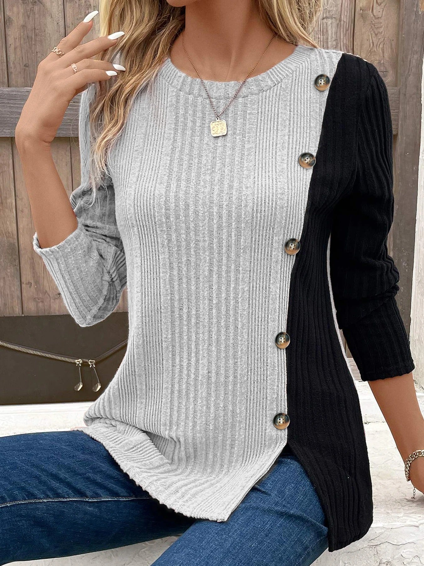 Vrouwelijk Overhemd Colorblock Geribbeld met Knoopjes