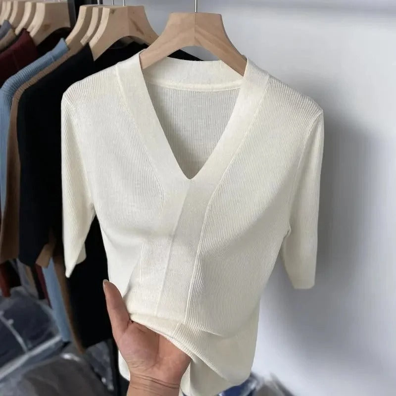 Vrouwen Shirt Korte Mouwen V Hals Gebreid Slank Fit