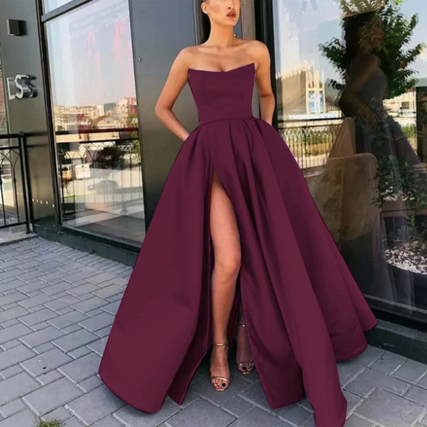 Strapless Avondjurk Lange Split Zijde Elegante Gala Jurk