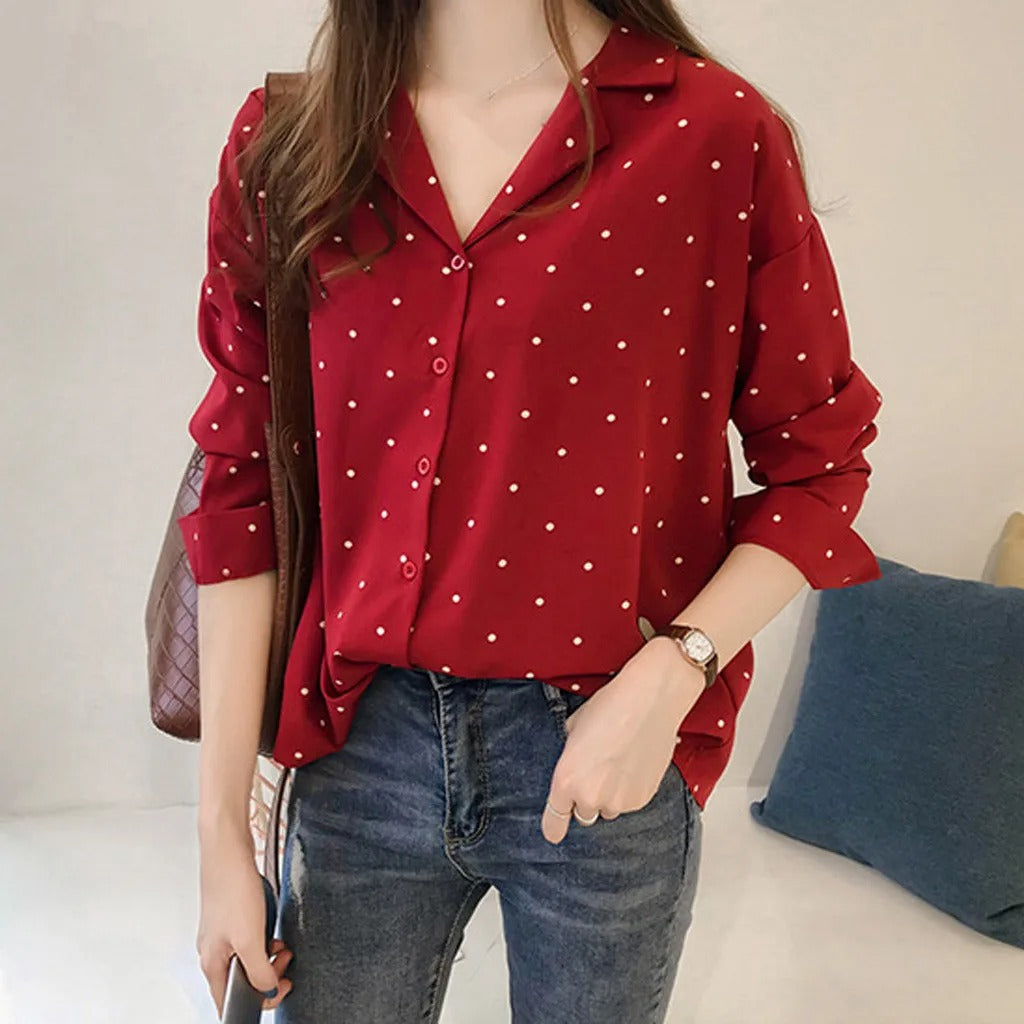 Vrouwelijke Blouse met Lange Mouwen en Stippenpatroon