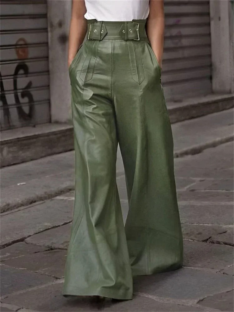 Wijde Kunstleder Broek Hoge Taille Zwart Stretch - StudioMarella