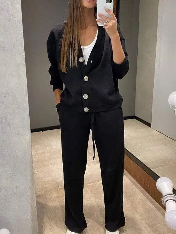 Dames Gebreide Jas en Broek Set met Knopen Tweedelig