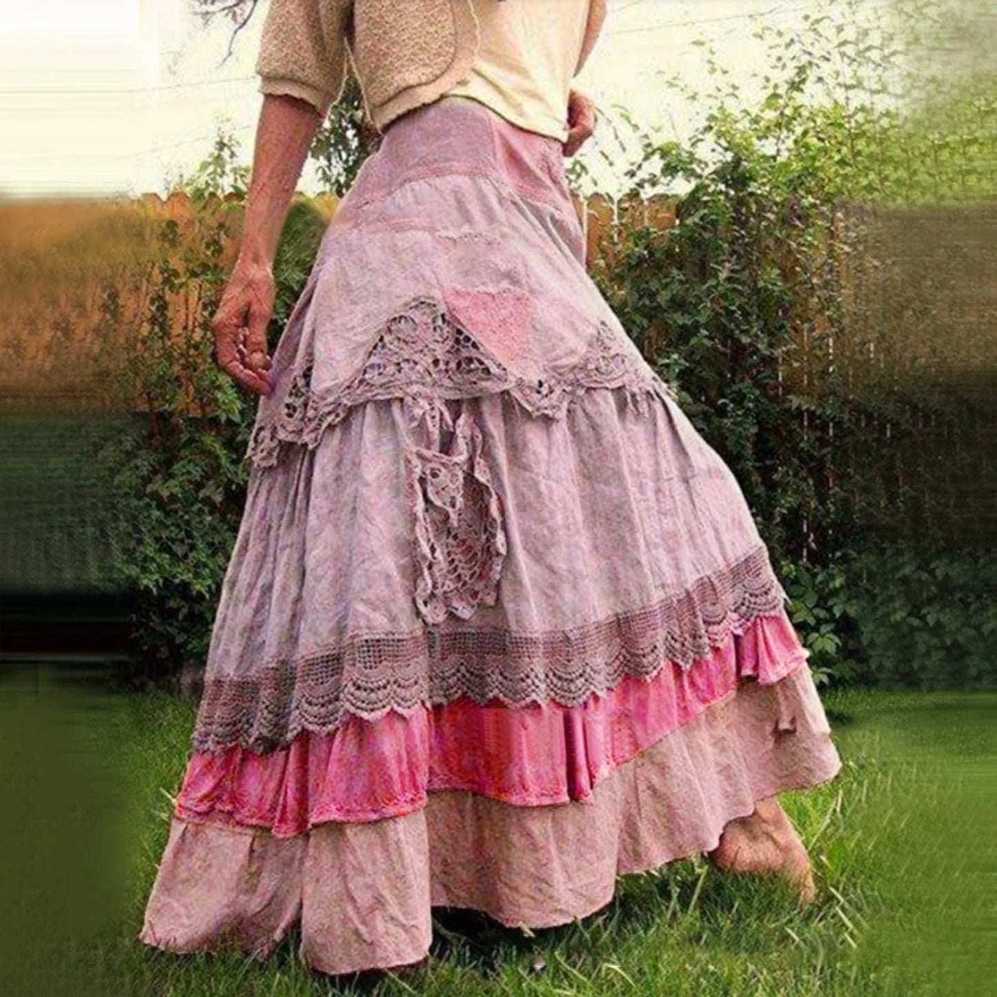 Lange Zomerjurk Gelaagde Rok Kanten Details Boho Stijl