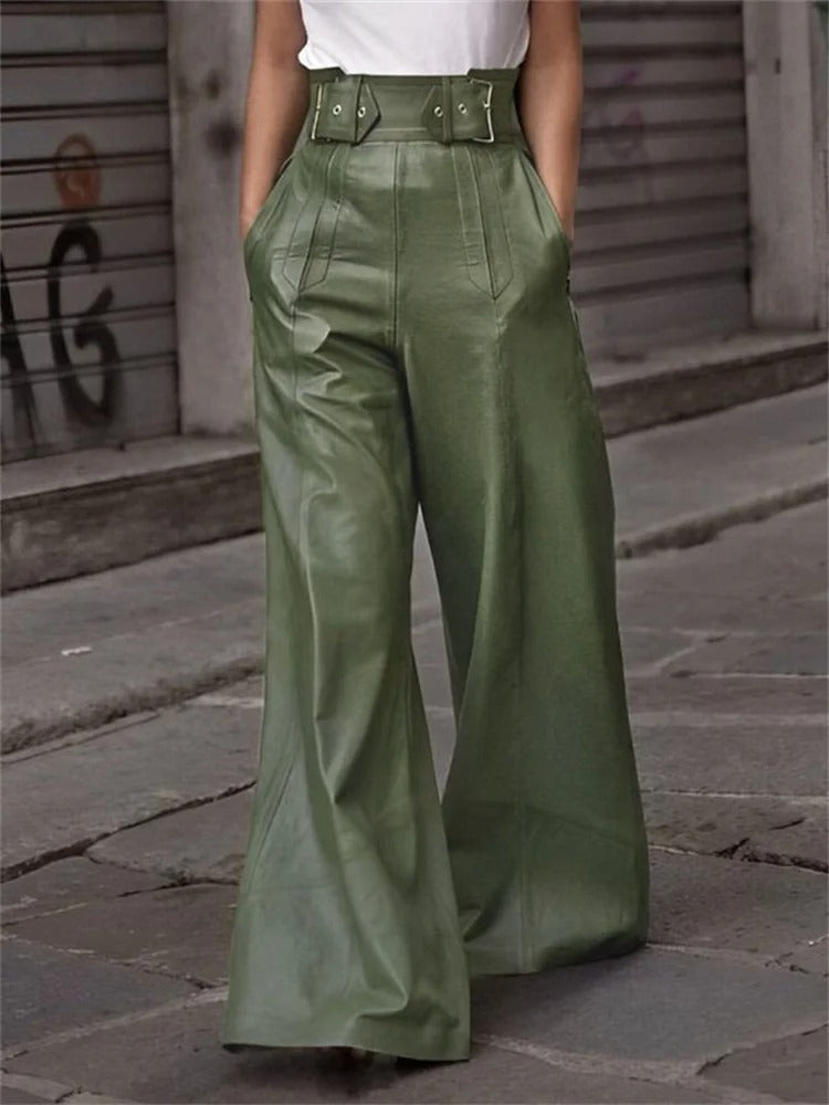 Leren Broek Wijd Model Hoge Taille Geplooid - StudioMarella