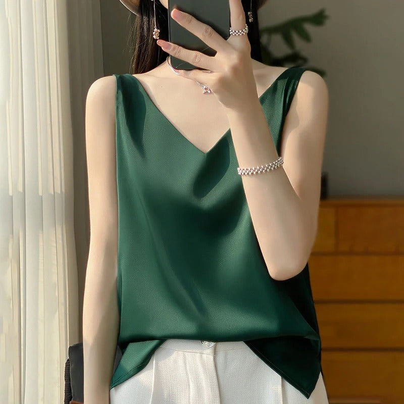 Vrouwelijke Satijnzijde Top Zonder Mouwen Elegante Stijl
