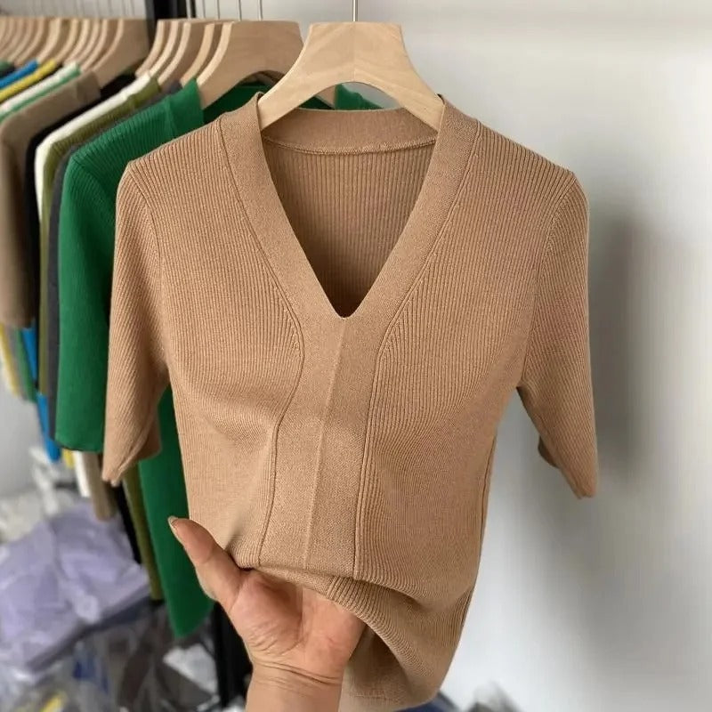 Vrouwen Shirt Korte Mouwen V Hals Gebreid Slank Fit