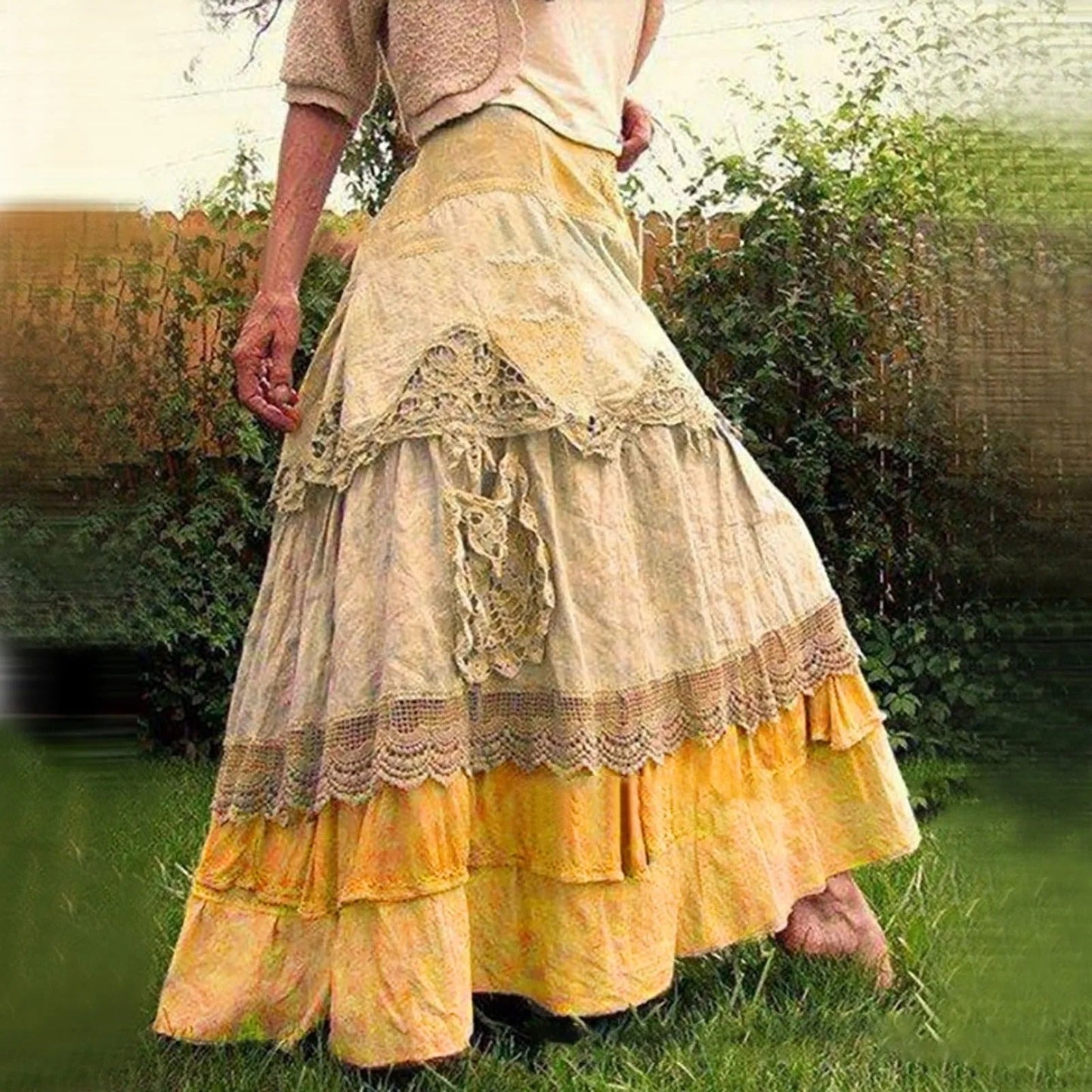 Lange Zomerjurk Gelaagde Rok Kanten Details Boho Stijl