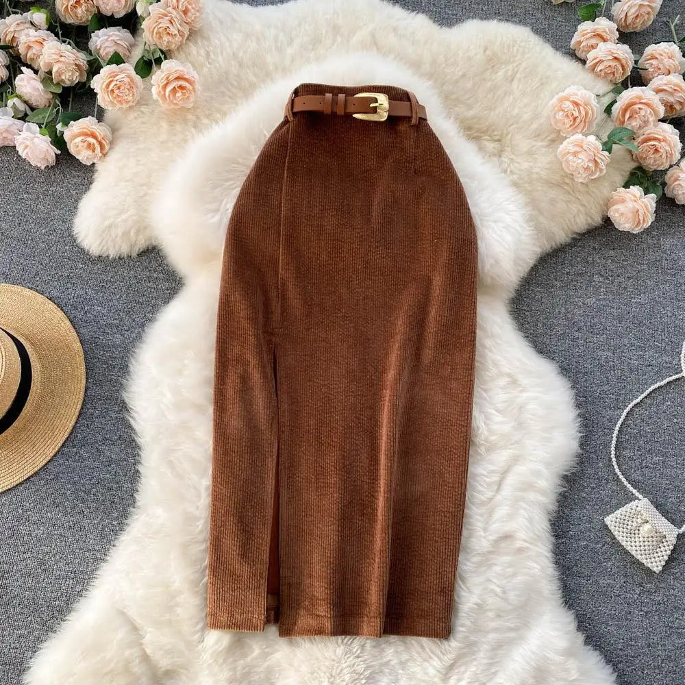 Hoge Taille Corduroy Rok Zwart met Zijsplit