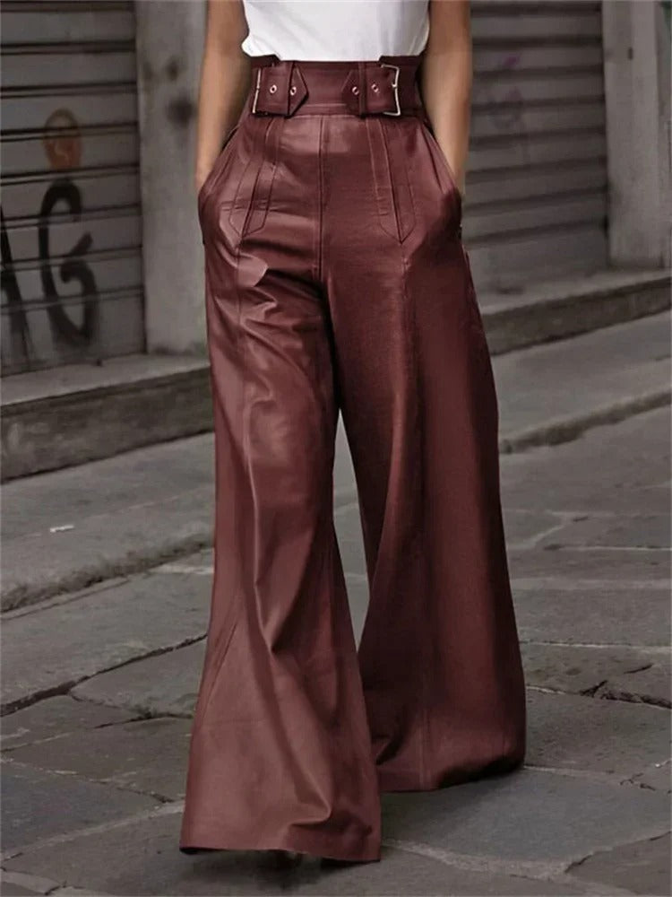 Wijde Kunstleder Broek Hoge Taille Zwart Stretch