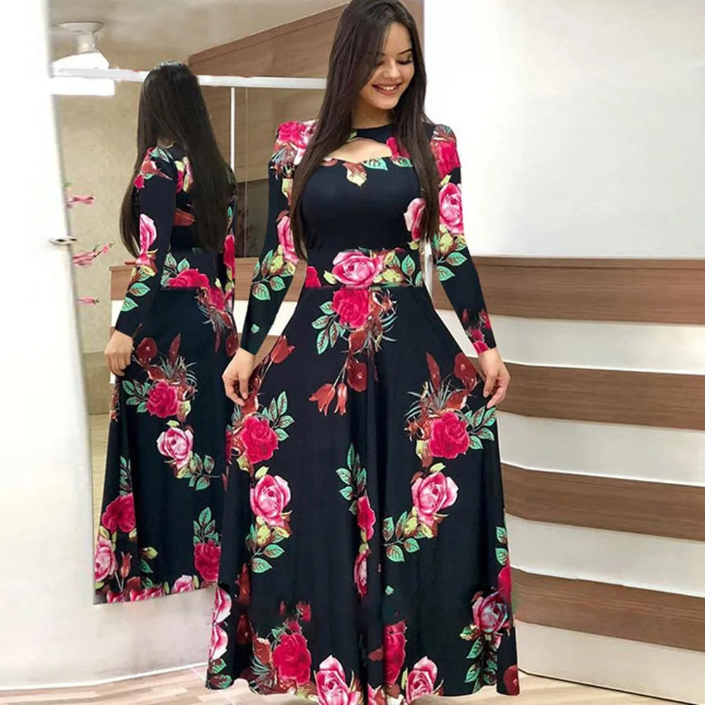 Retro Jurk Lange Mouwen Bloemenprint Vrouwelijk Model
