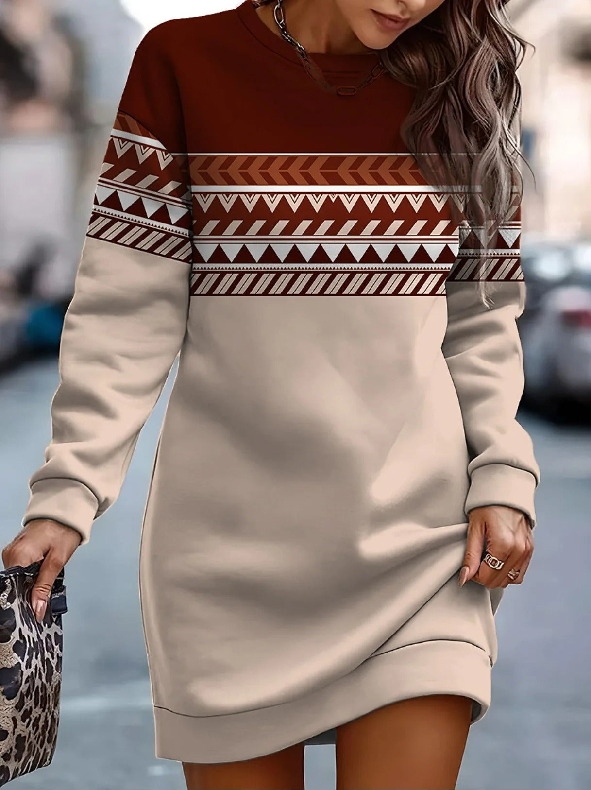 Kleurrijke Dames Jurk met Hals Winter Print