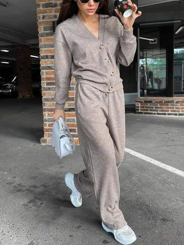 Dames Gebreide Jas en Broek Set met Knopen Tweedelig