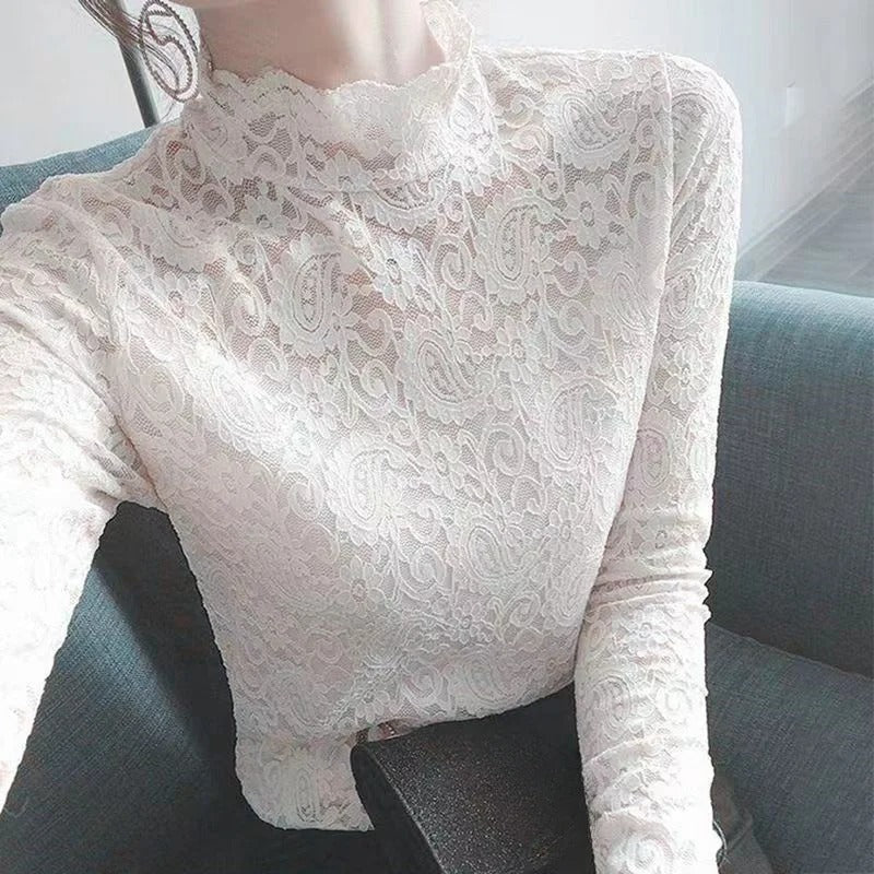 Vrouwelijke Top Lange Mouwen Kanten Elegant