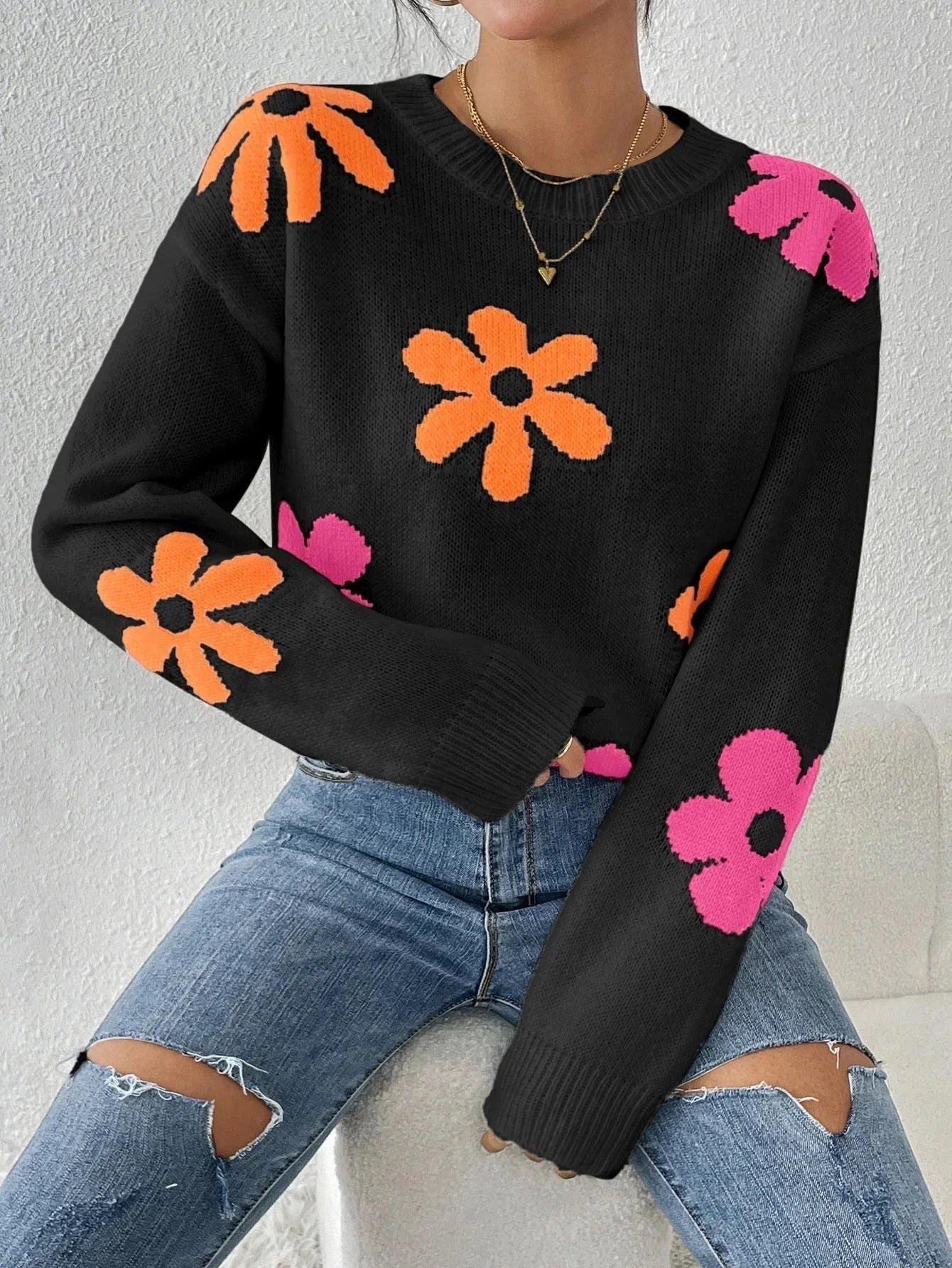 Dames Trui Gebreid met Bloemen Motief