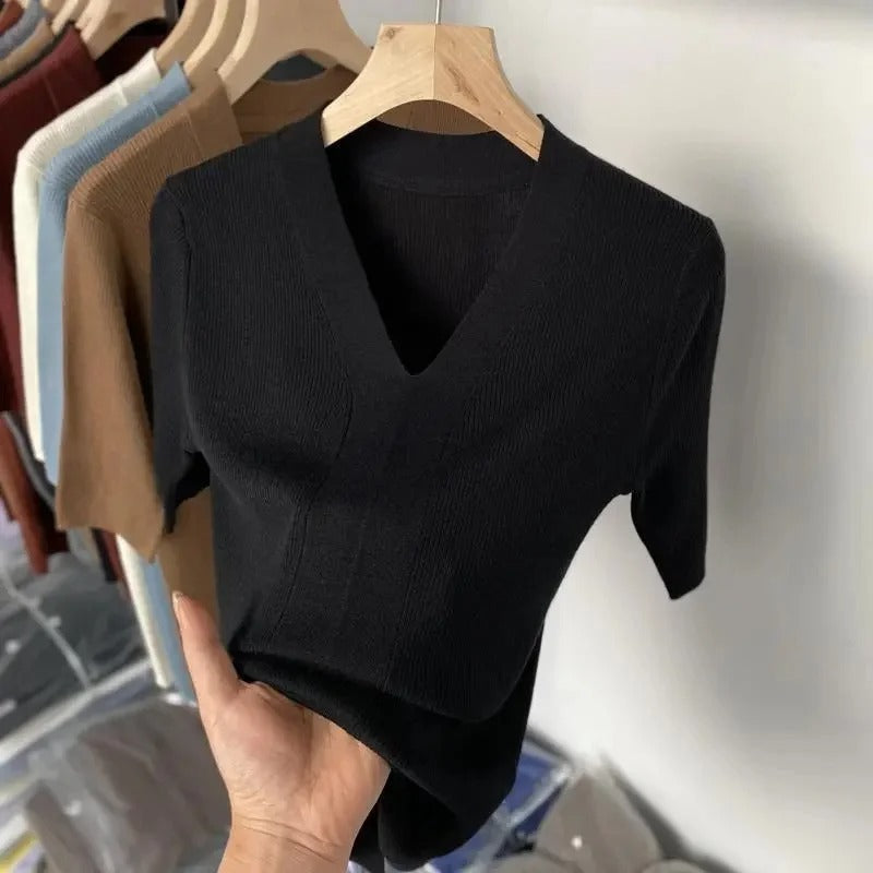 Vrouwen Shirt Korte Mouwen V Hals Gebreid Slank Fit