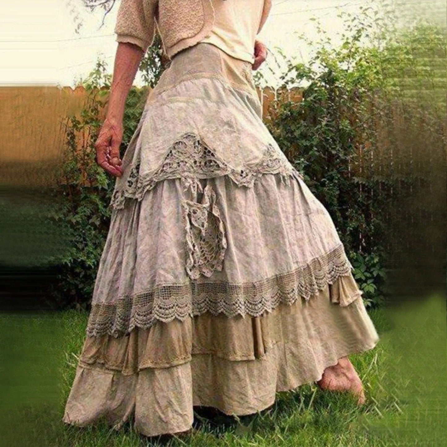 Lange Zomerjurk Gelaagde Rok Kanten Details Boho Stijl
