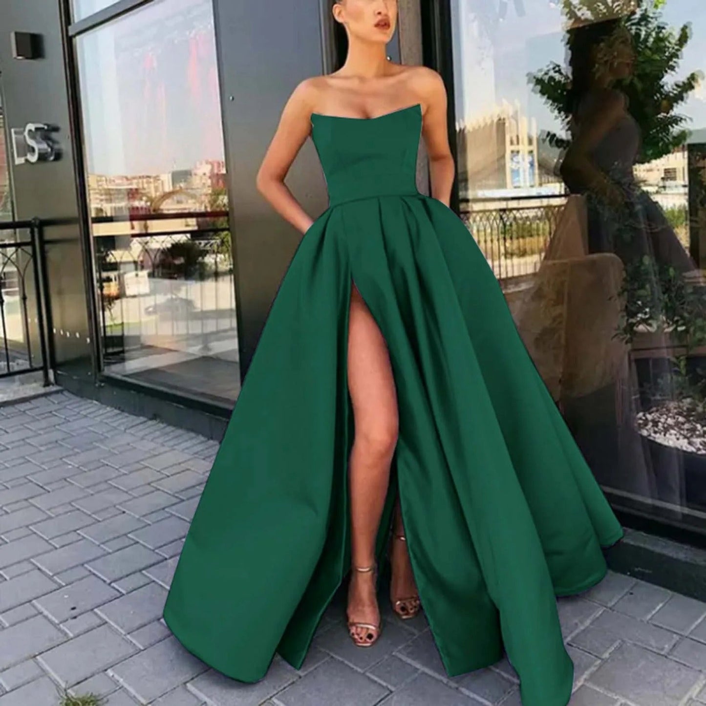 Strapless Avondjurk Lange Split Zijde Elegante Gala Jurk