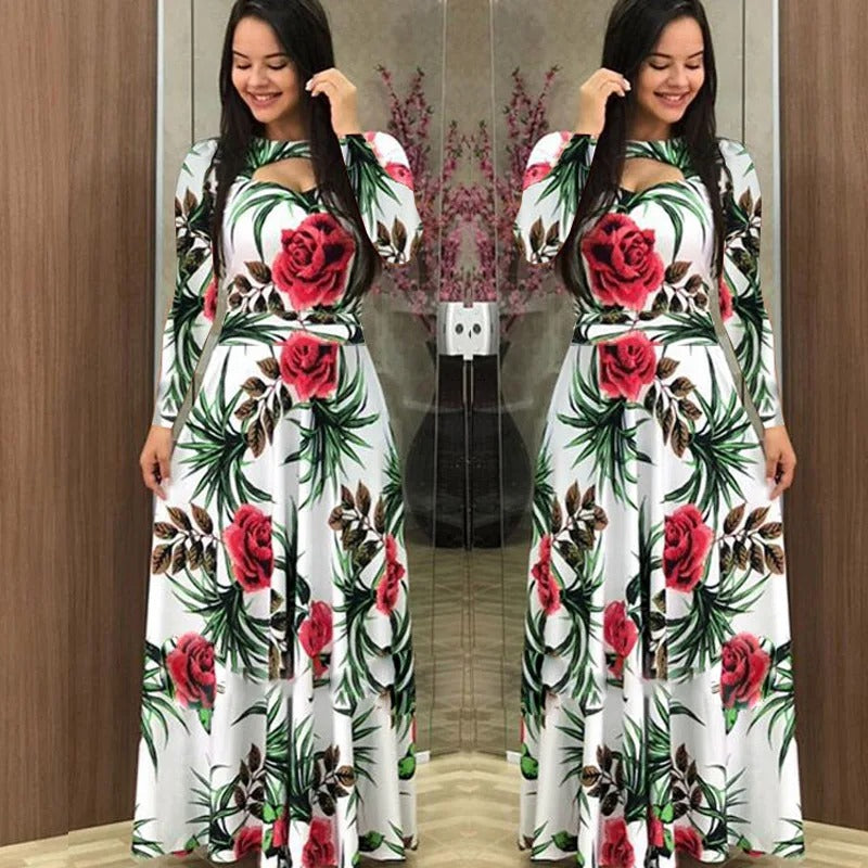 Retro Jurk Lange Mouwen Bloemenprint Vrouwelijk Model