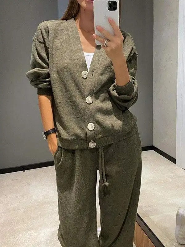 Dames Gebreide Jas en Broek Set met Knopen Tweedelig