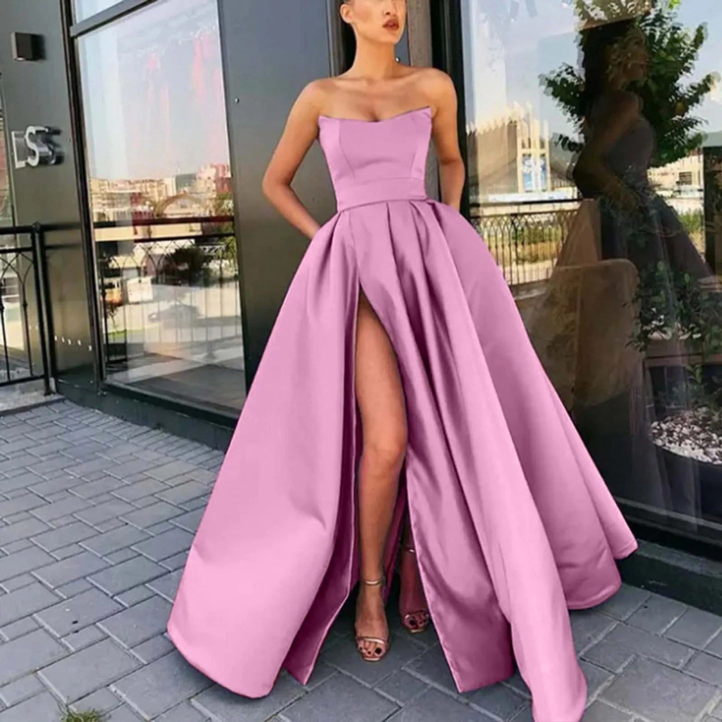 Strapless Avondjurk Lange Split Zijde Elegante Gala Jurk