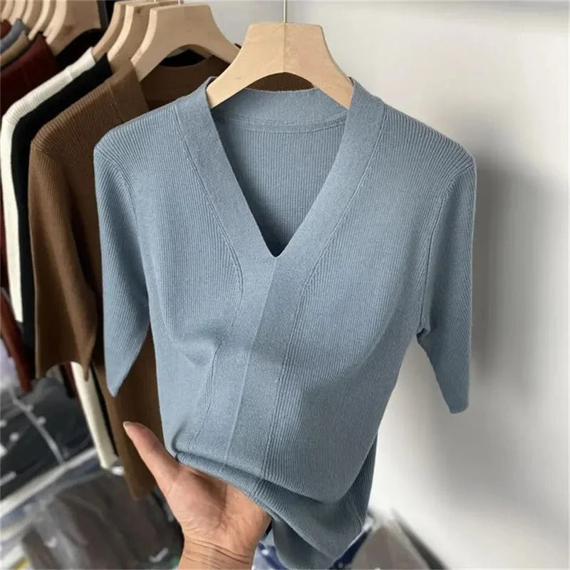 Vrouwen Shirt Korte Mouwen V Hals Gebreid Slank Fit