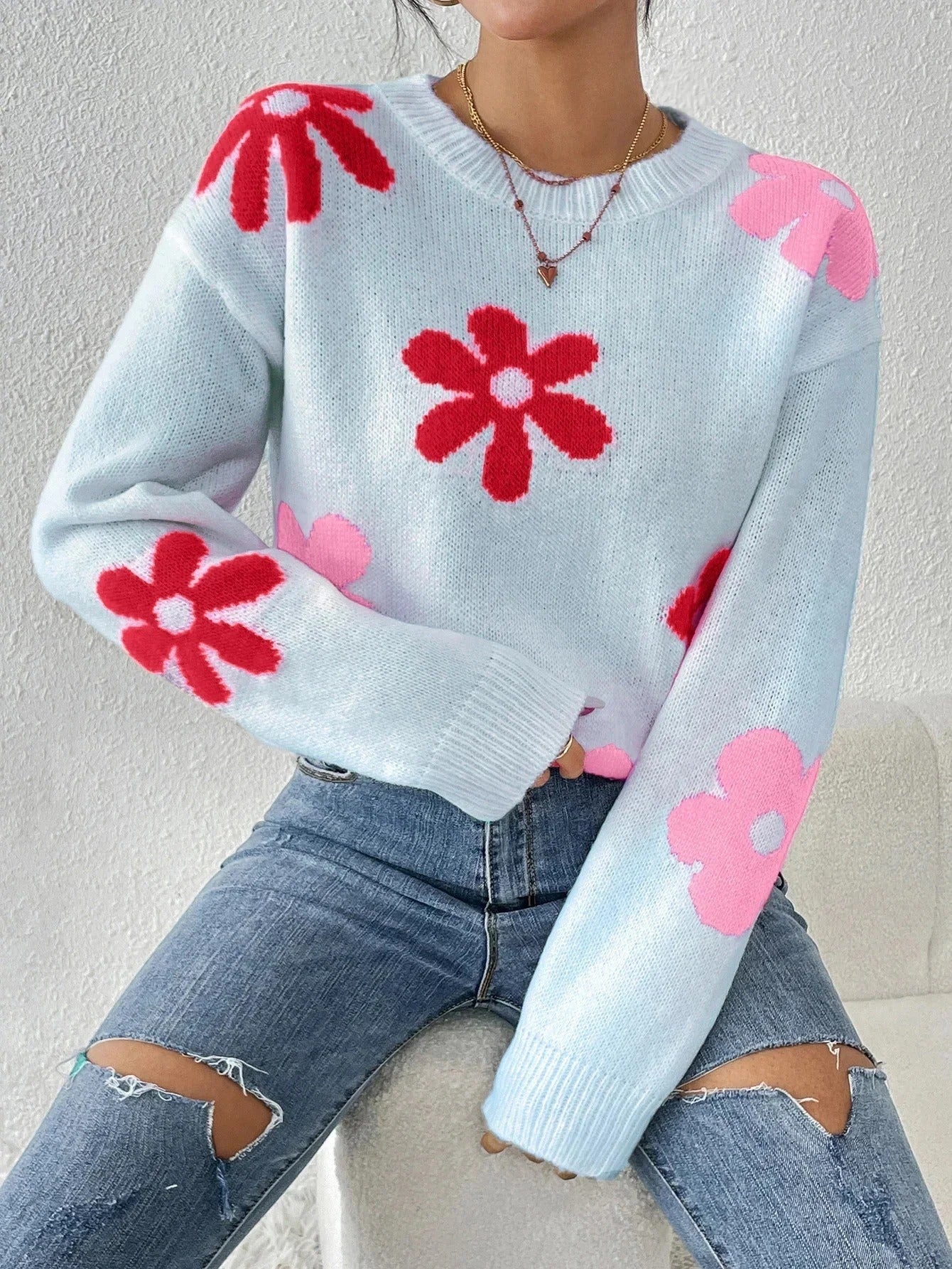 Dames Trui Gebreid met Bloemen Motief