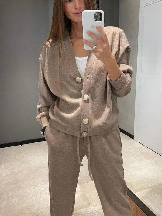 Dames Gebreide Jas en Broek Set met Knopen Tweedelig - StudioMarella