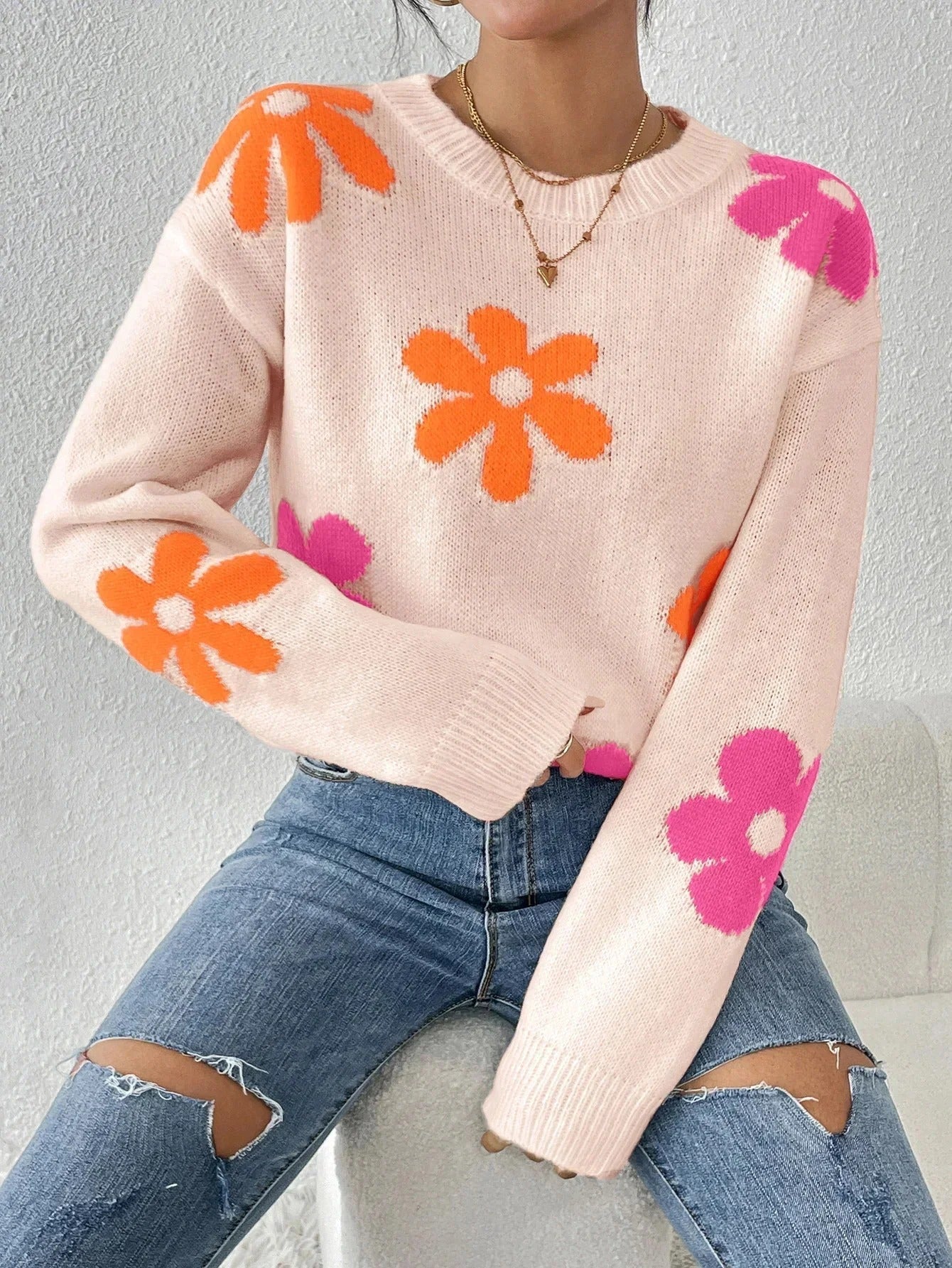 Dames Trui Gebreid met Bloemen Motief
