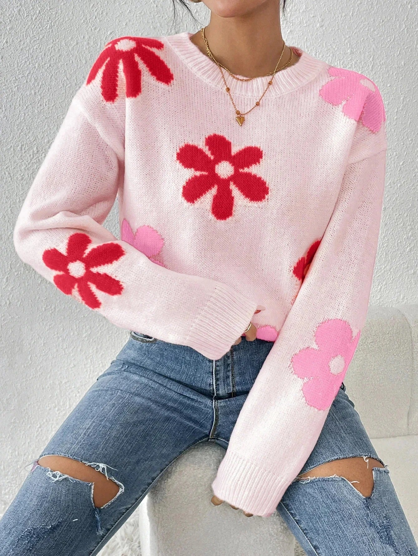 Dames Trui Gebreid met Bloemen Motief - StudioMarella