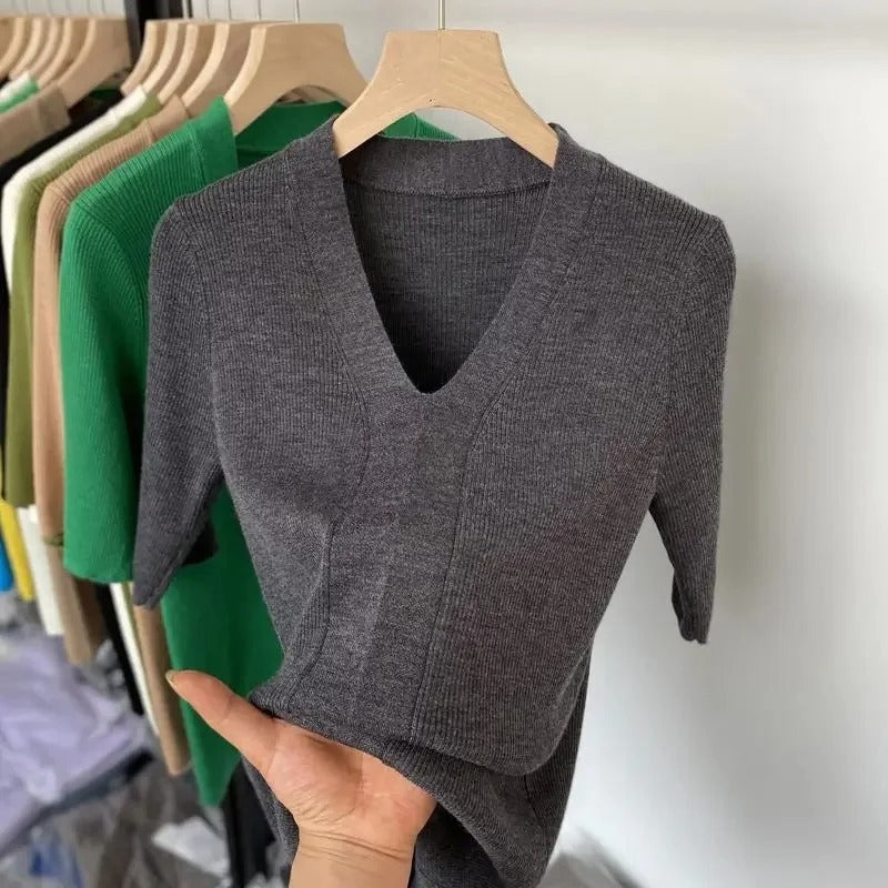 Vrouwen Shirt Korte Mouwen V Hals Gebreid Slank Fit