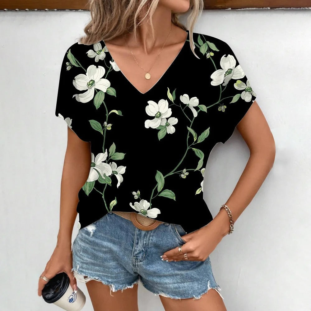 Dames Shirt Kort Mouwen V Halslijn Elegante Stijl - StudioMarella