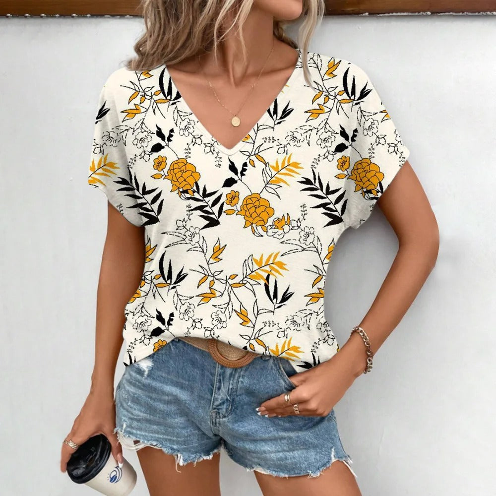 Dames Shirt Kort Mouwen V Halslijn Elegante Stijl