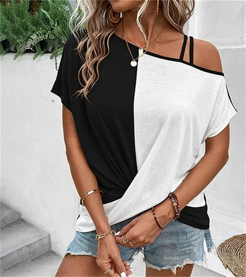 Vrouwelijke Top met Asymmetrische Halslijn en Colorblock Print - StudioMarella