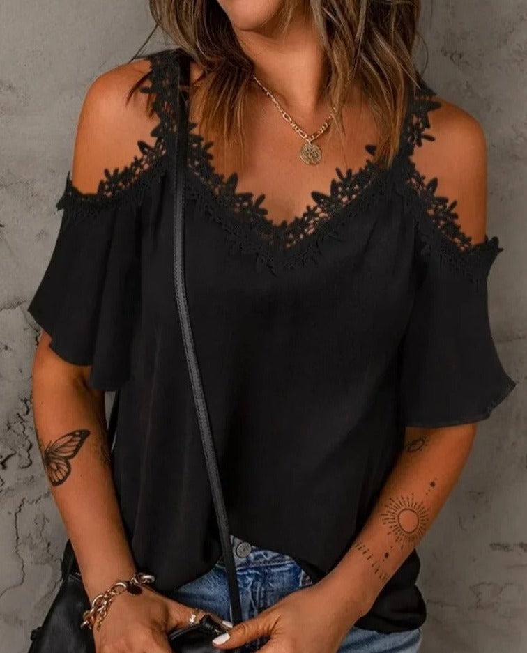 Dames Shirt Kort Mouw met Kant Borduurwerk - StudioMarella