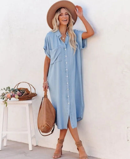 Blauwe Denim Jurk Korte Mouwen Zomerjurk voor Vrouw