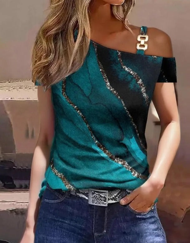 Vrouwelijke Top met Schuine Halslijn Elegant Kort Model