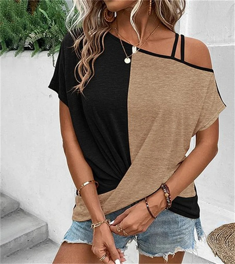 Vrouwelijke Top met Asymmetrische Halslijn en Colorblock Print