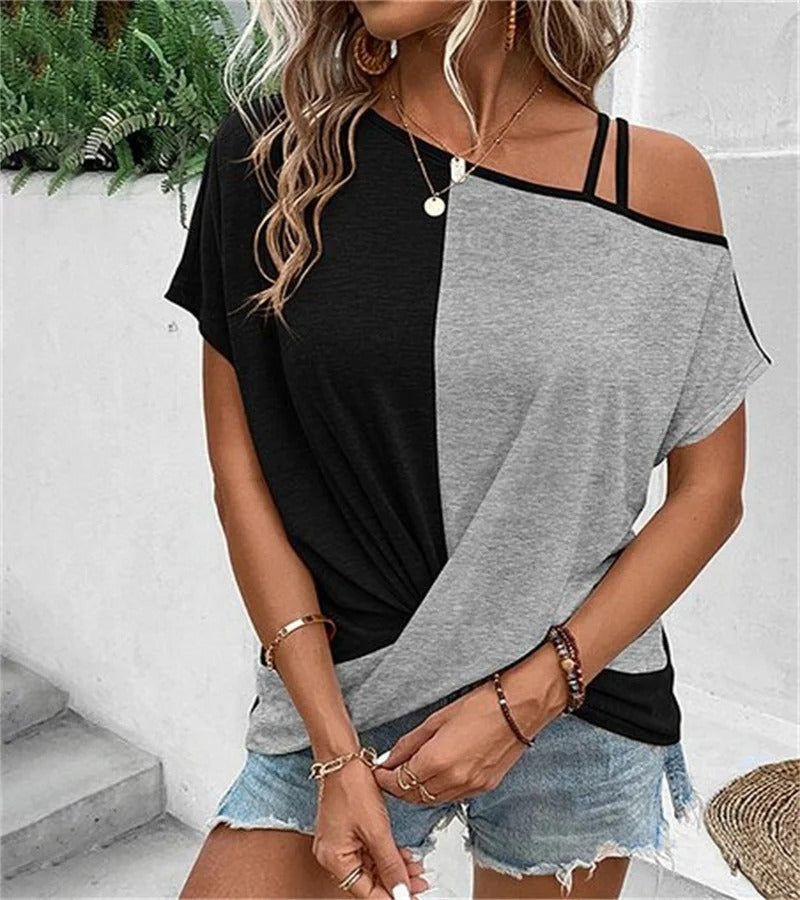 Vrouwelijke Top met Asymmetrische Halslijn en Colorblock Print