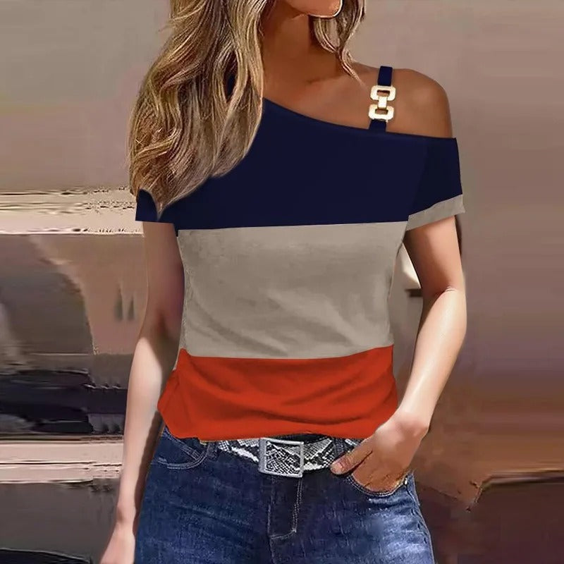Vrouwelijke Top met Schuine Halslijn Elegant Kort Model