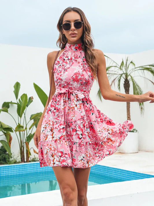 Bloemenjurk Mini Zomerjurk Halterneck voor Vrouw - StudioMarella