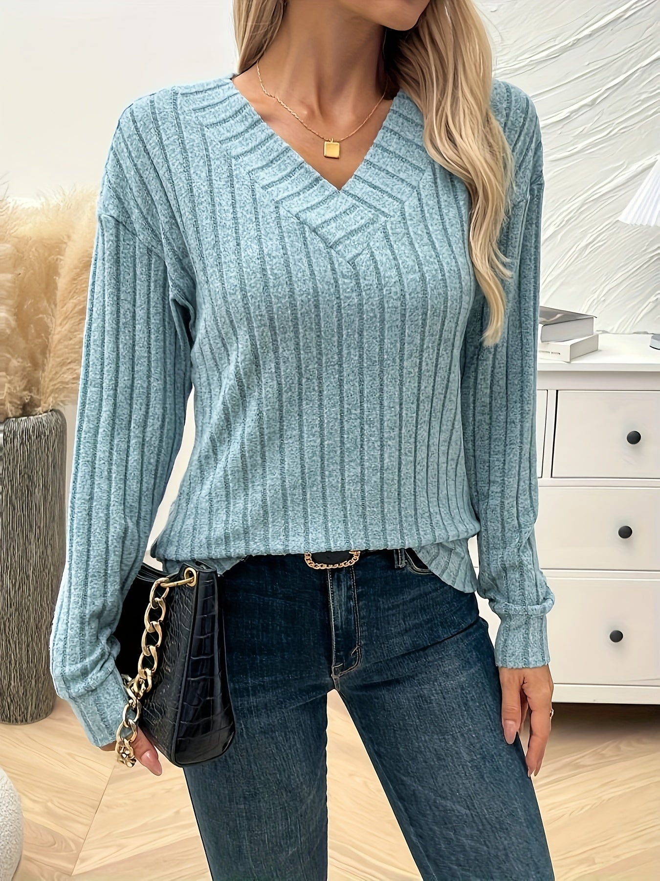 Dame T-shirt Lange Mouw Effen Kleur V-hals - StudioMarella