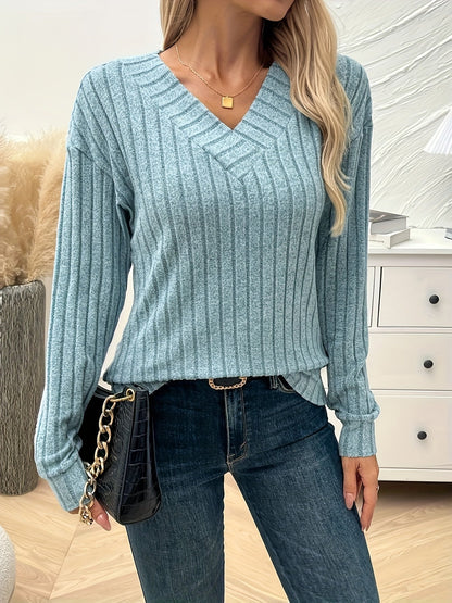 Dame T-shirt Lange Mouw Effen Kleur V-hals - StudioMarella