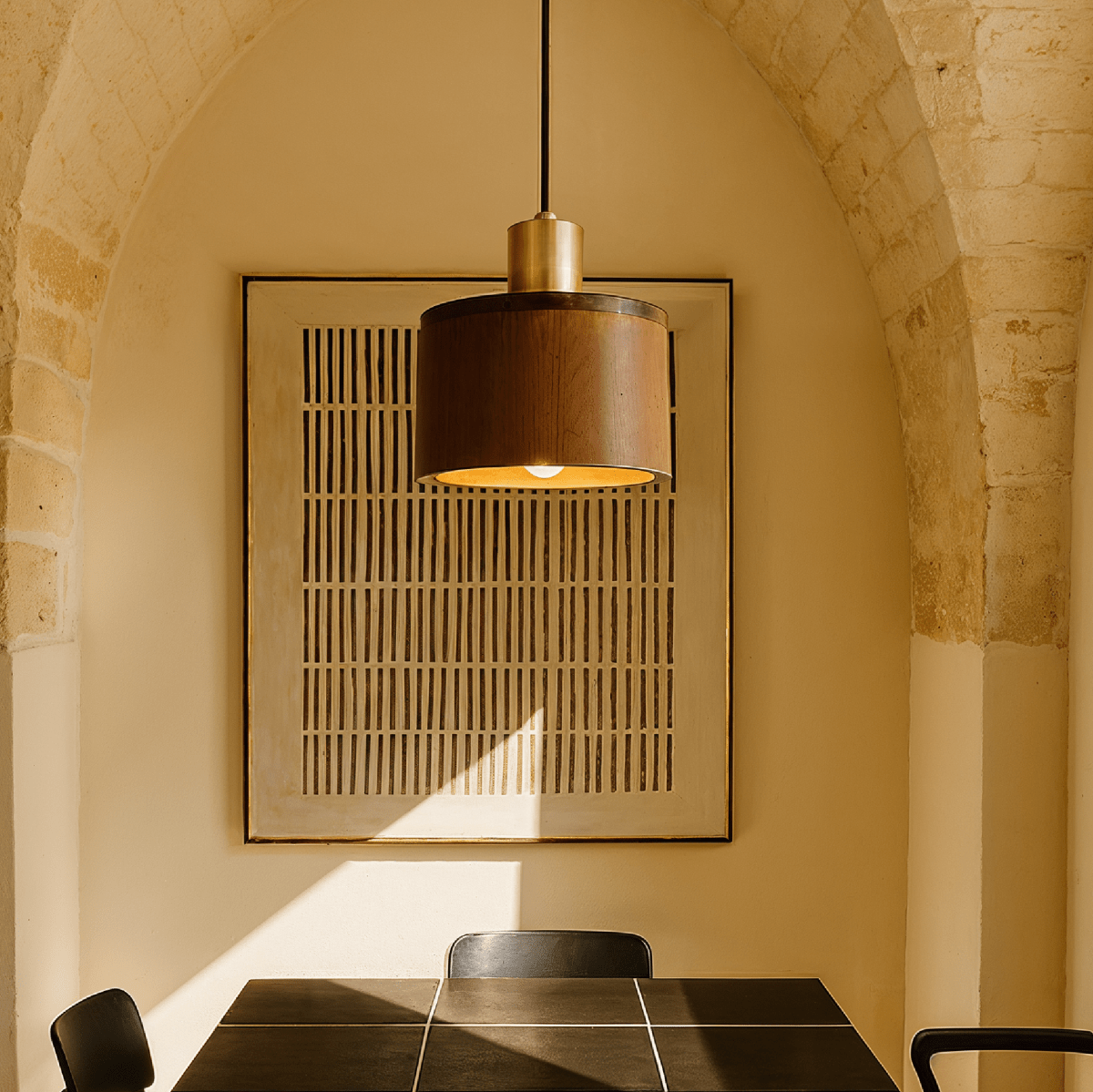 Vesil Hanglamp Van Koper En Hout Met Gerichte Neerwaartse Verlichting