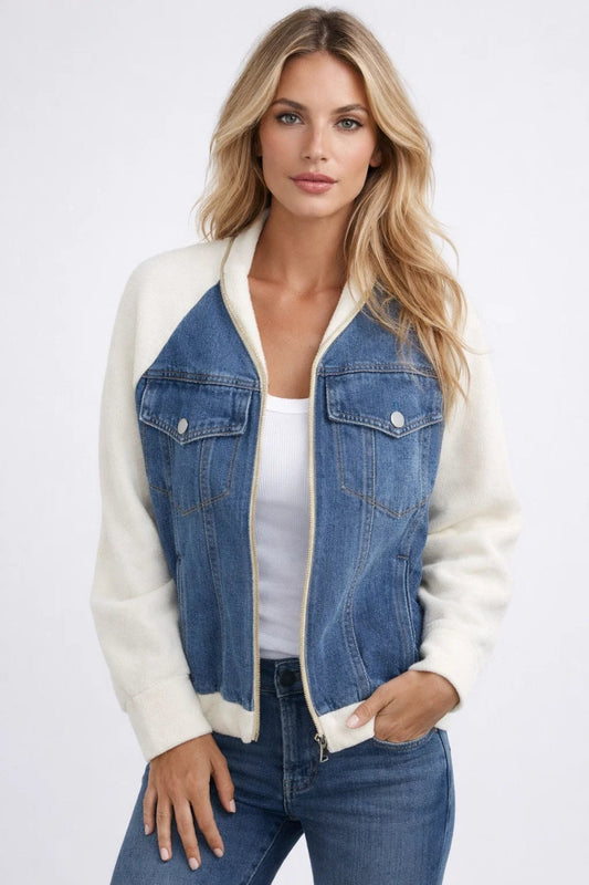 Korte Damesjas Hybride Met Contrasterende Mouwen Casual Stijl - StudioMarella