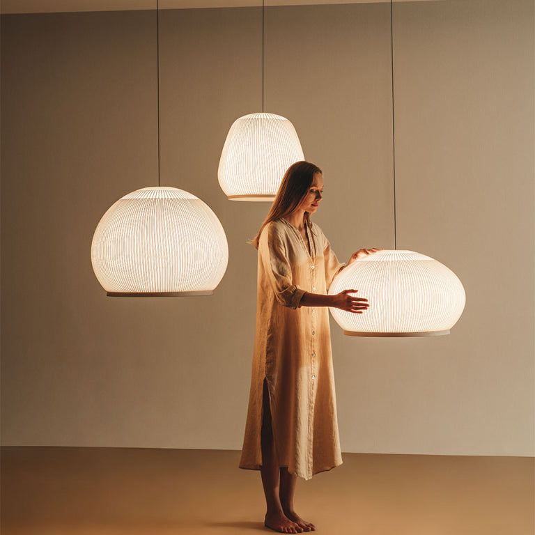 Japandi Hanglamp 3D Lycra 45 cm Beige Eettafel Woonkamer Dimbare LED Hanglamp Scandinavische Verlichting Interieur