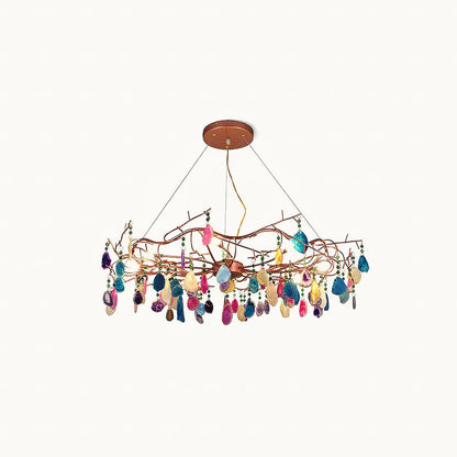 Agaatlamp Kroonluchter met Natuursteen en Roségouden Frame – Klassieke Villa Verlichting