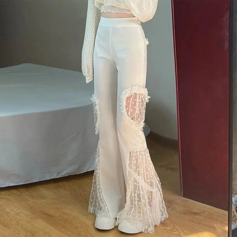 Hoge Taille Flared Broek met Kant en Rijke Details - StudioMarella